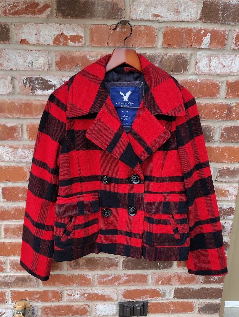 American Eagle Wool Blend Double Breasted Buffalo Plaid Pea Coat Size M Y2K